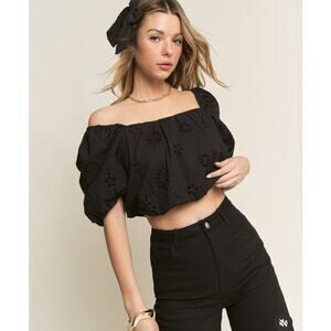WAYF Brooke Off The Shoulder Black Eyelet Crop Top Puff Sleeves